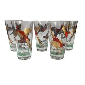 Vintage Highball Glasses Pheasant Design Set Of 5 Red Gold Rim